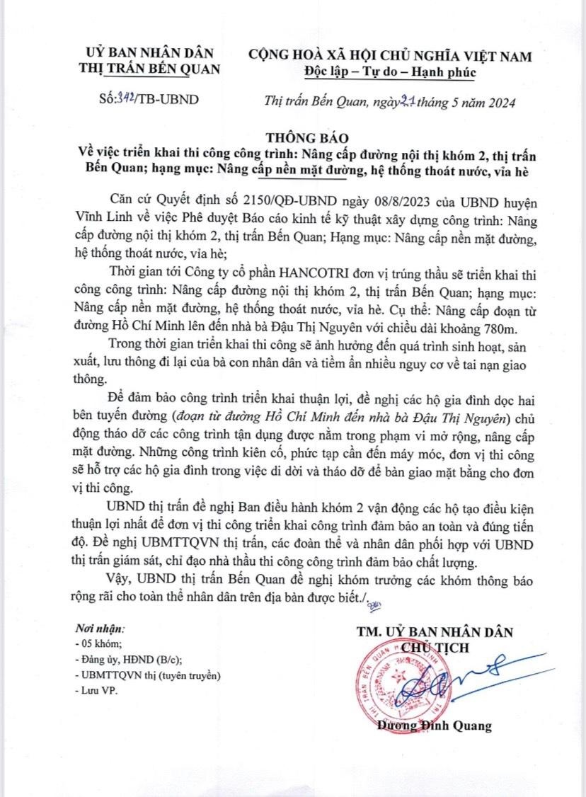 UBND TT BẾN QUAN THÔNG BÁO: Về việc triển khai thi công công trình, nâng cấp đường nội thị khóm 2, thị trấn Bến Quan; hạng mục: Nâng cấp nền mặt đường,...