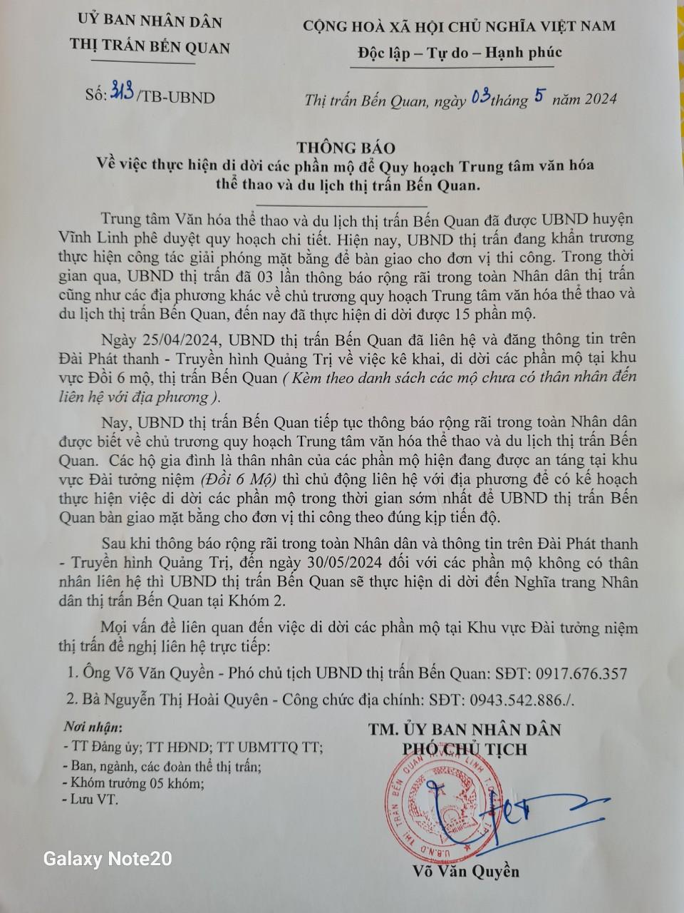 TT Bến Quan: Thông báo lần 4 về việc di dời các phần mộ để Quy hoạch Trung tâm văn hóa thể thao và du lịch thị trấn Bến Quan